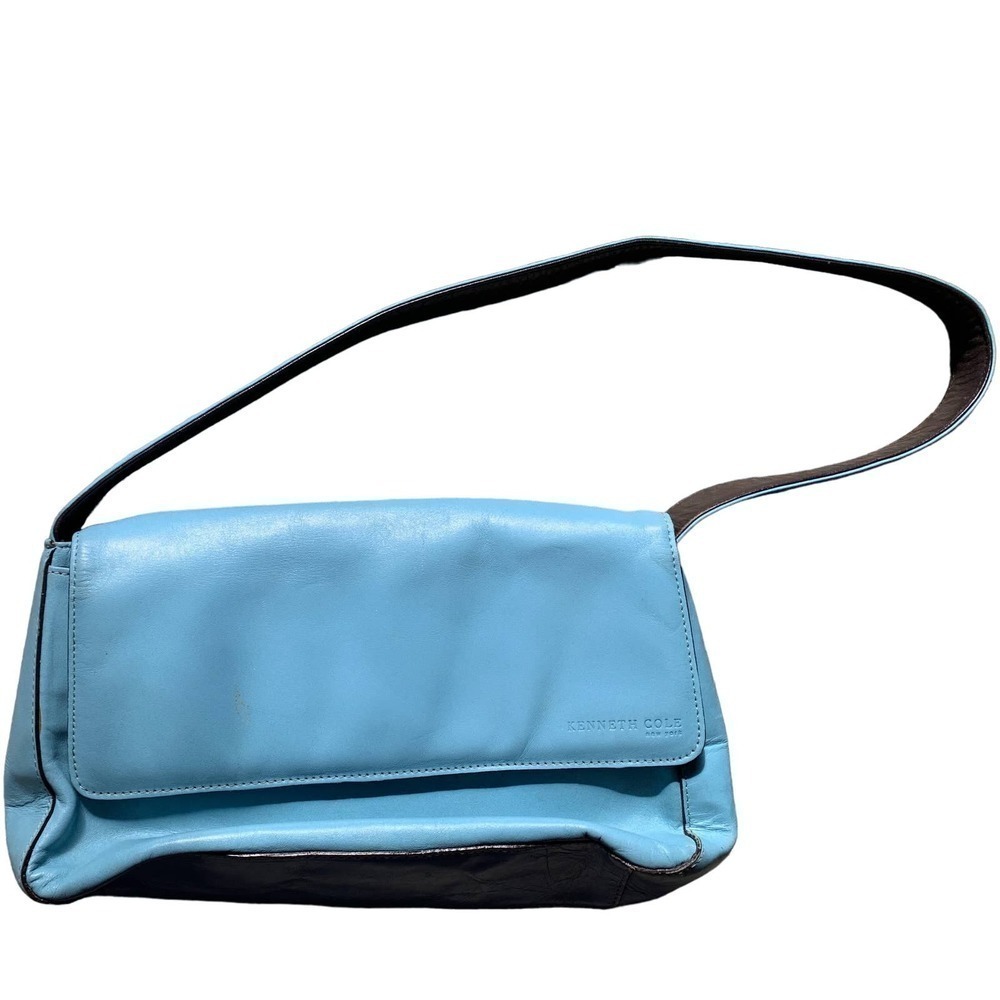 Kenneth Cole New York Shoulder Bag Blue Leather Snap Closure Monogram Lining